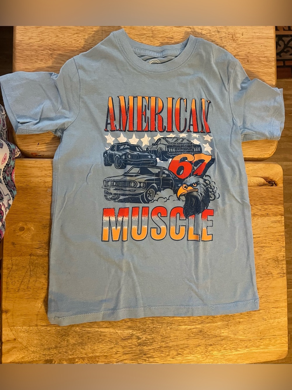 Light blue Wonder Nation boys' graphic t-shirt featuring a"American Muscle"6-7
